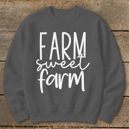 Dark grey sweatshirt with white text that reads "FARM sweet farm."