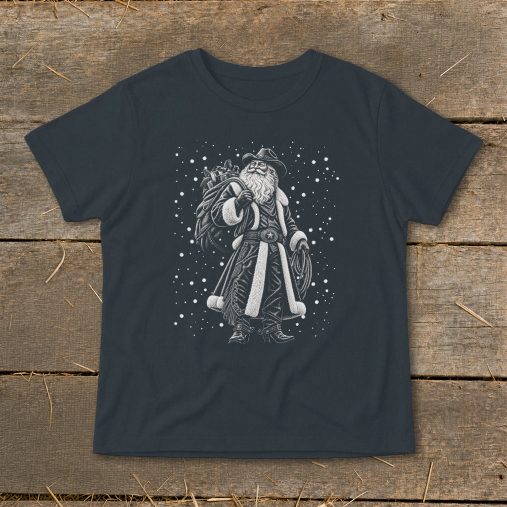 Cowboy Santa with sack and lasso on dark t-shirt with snowflakes.