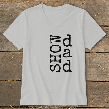 Light grey v-neck t-shirt with black text reading "dad" and "SHOW" vertically.