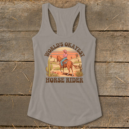 Tank top with "World's Okayest Horse Rider" text and desert horse rider graphic.