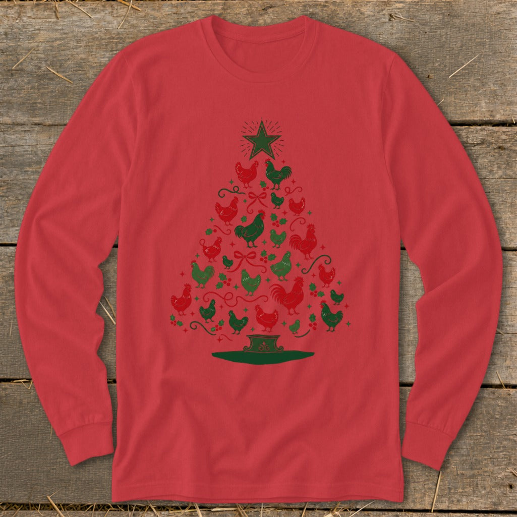 Red long-sleeve shirt with a Christmas tree graphic made of chickens and roosters.
