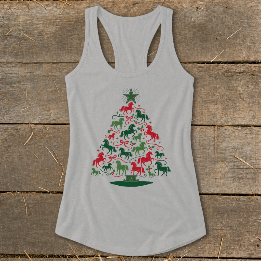 Gray tank top with a Christmas tree made of red and green horses and holly sprigs.