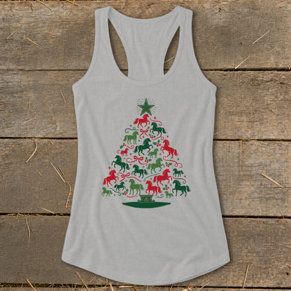 Gray tank top with a Christmas tree made of red and green horses and holly sprigs.