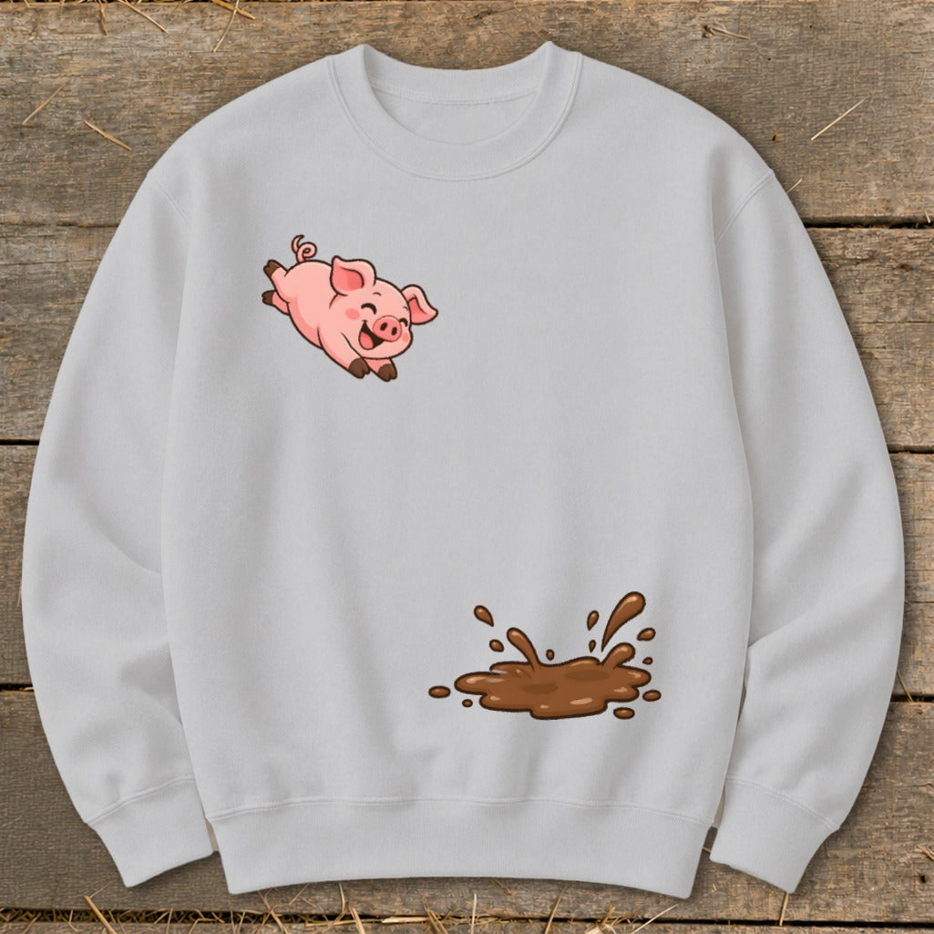 Light gray sweatshirt with a cartoon pig jumping over a mud puddle graphic.
