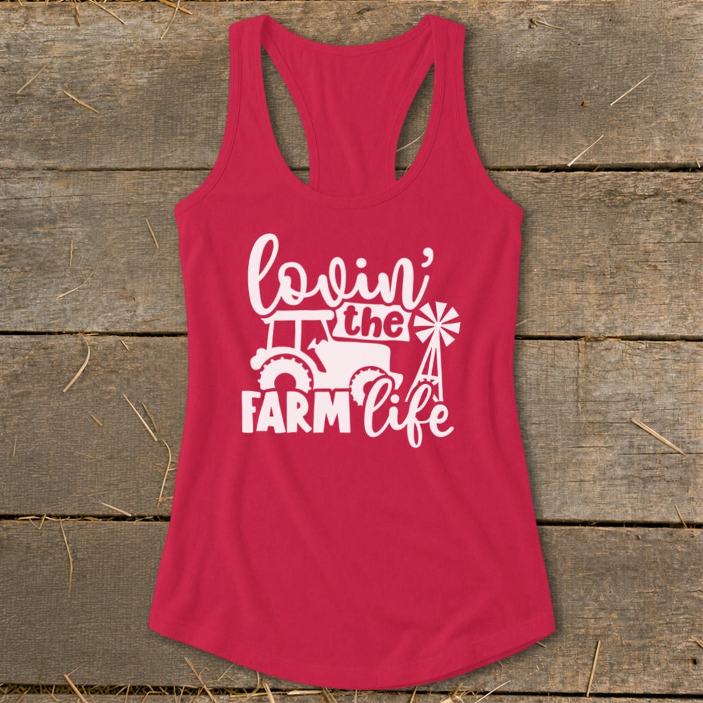 Red tank top with "lovin' the FARM life" graphic featuring a tractor and windmill.