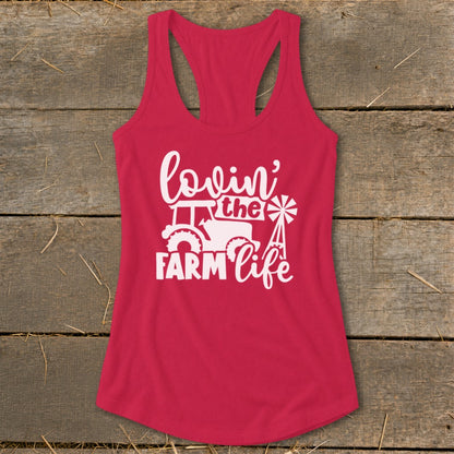 Red tank top with "lovin' the FARM life" graphic featuring a tractor and windmill.
