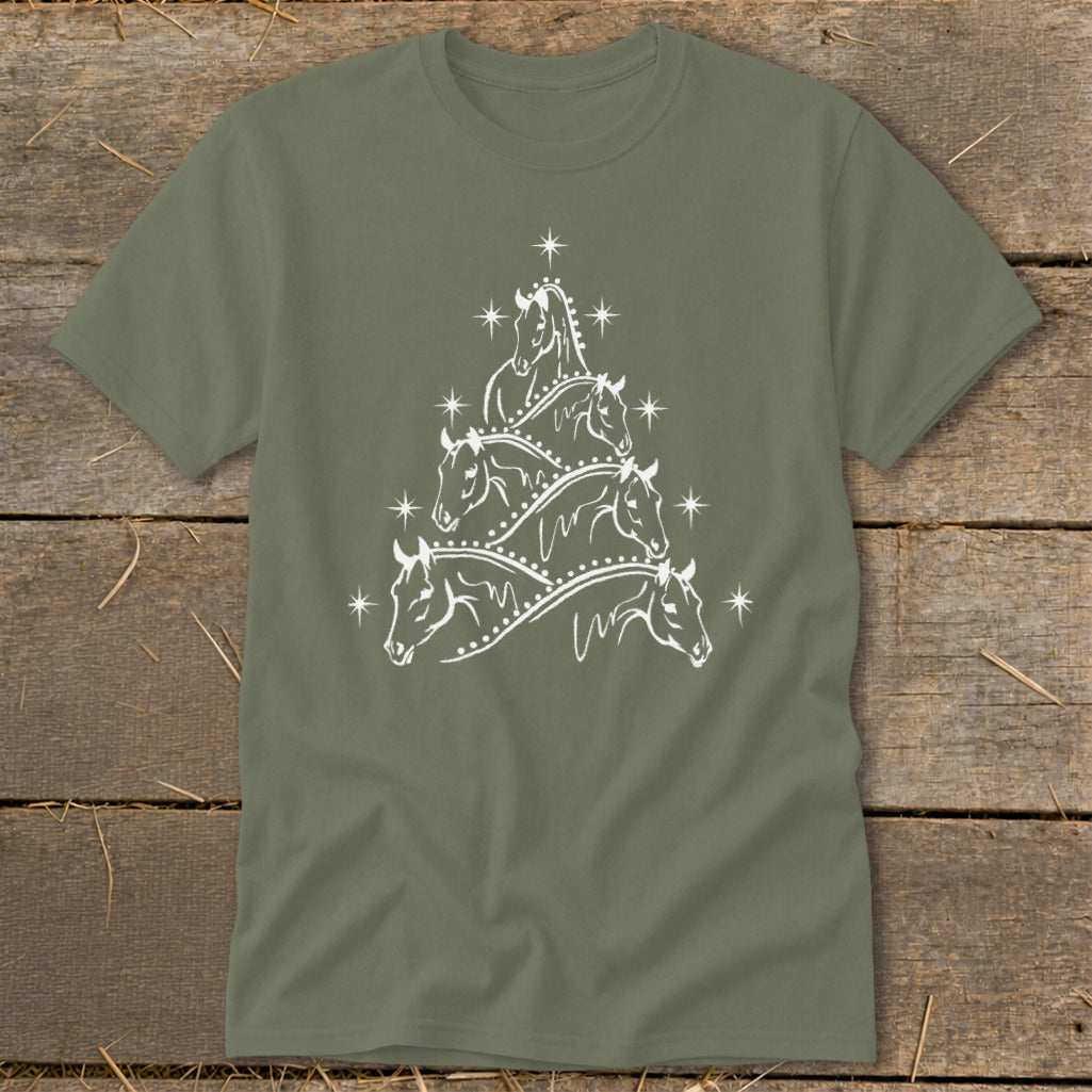 Green t-shirt with white line art horse Christmas tree design.
