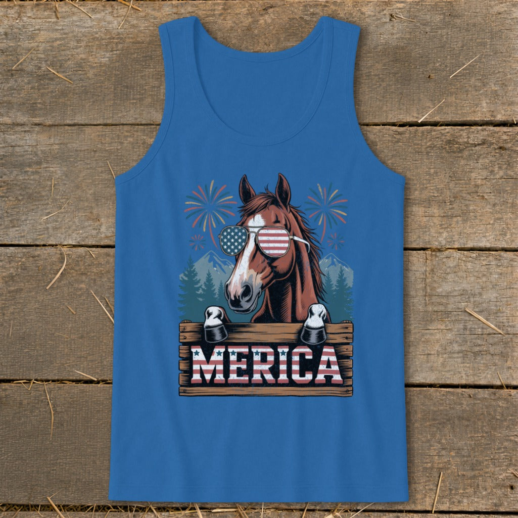 Horse wearing American flag sunglasses with "MERICA" text and fireworks.