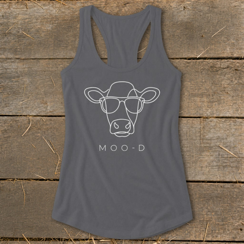 Gray tank top with a white outline of a cow wearing sunglasses and text "MOO-D".