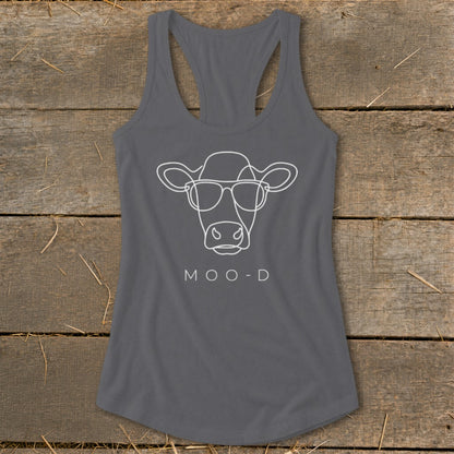 Gray tank top with a white outline of a cow wearing sunglasses and text "MOO-D".