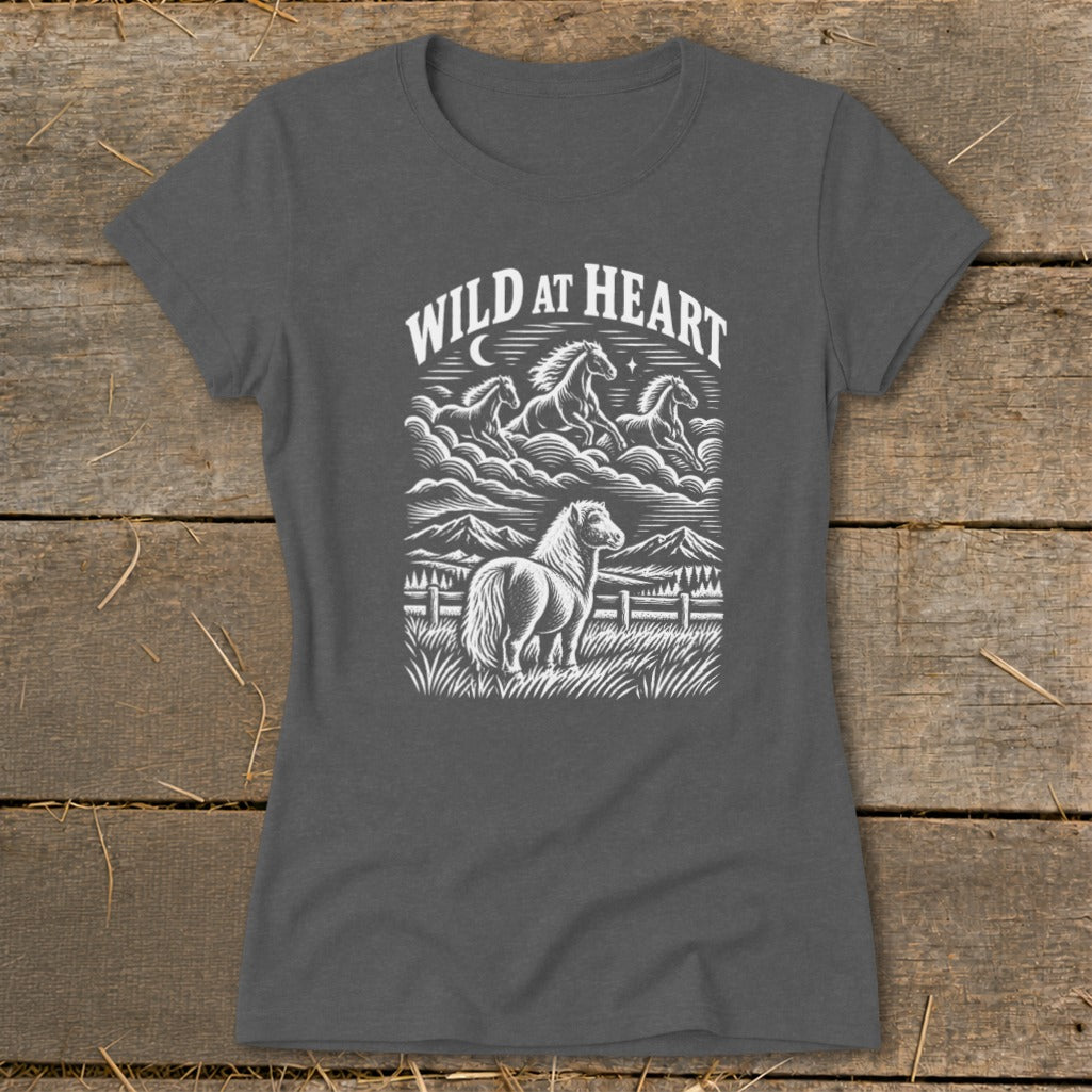 Dark gray t-shirt with white graphic of horses and "Wild At Heart" text.