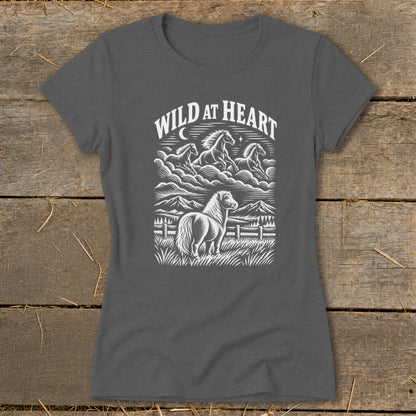 Dark gray t-shirt with white graphic of horses and "Wild At Heart" text.