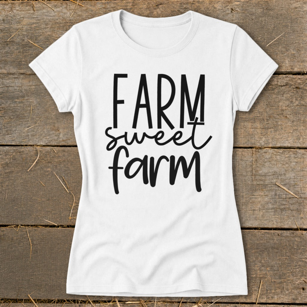 White t-shirt with black text reading "FARM sweet farm"