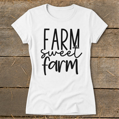 White t-shirt with black text reading "FARM sweet farm"