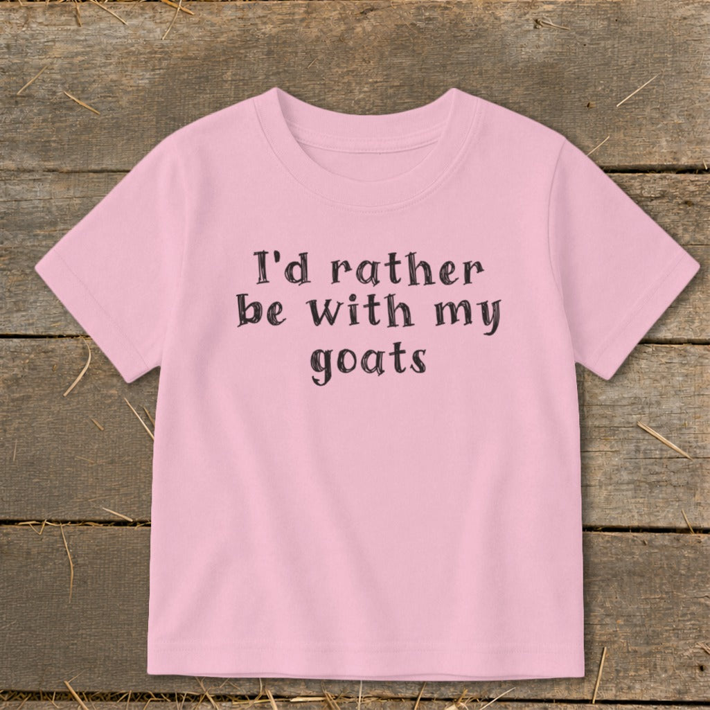 Pink t-shirt with "I'd rather be with my goats" text.