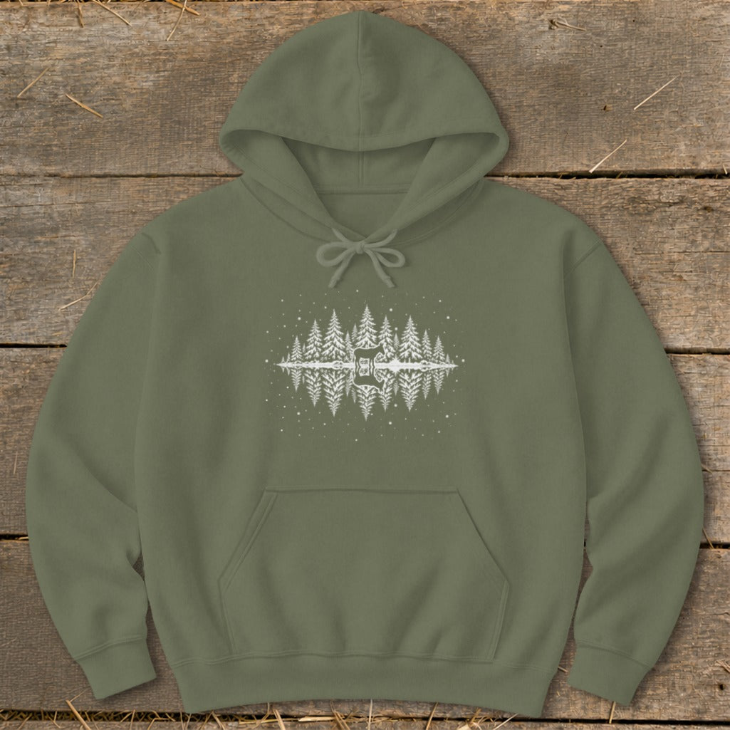 Olive green hoodie with white forest reflection graphic and small dots.