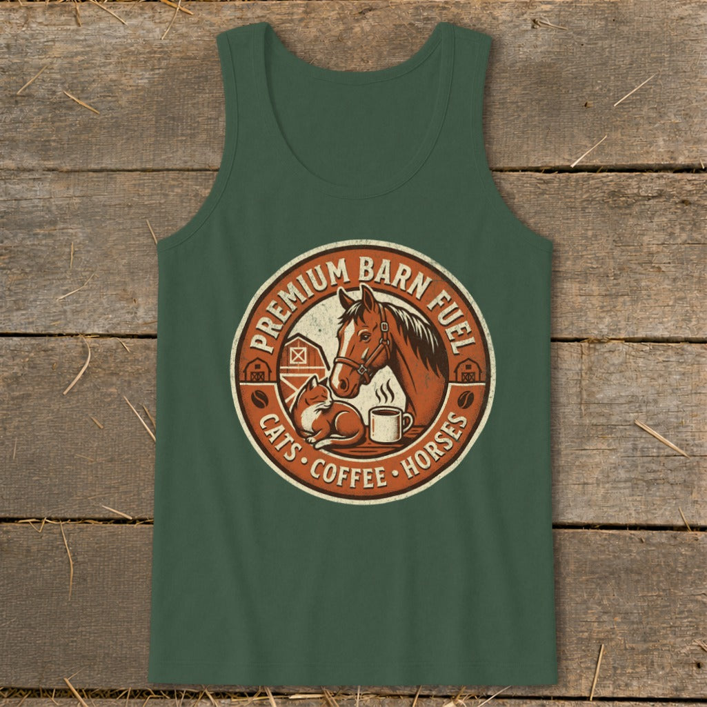 Green tank top with circular graphic featuring horse, cat, coffee, and text.