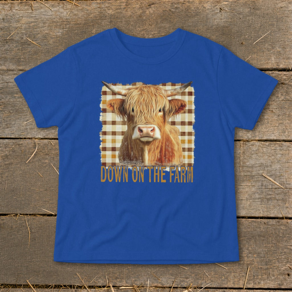 Blue t-shirt with Highland cow graphic and "DOWN ON THE FARM" text.