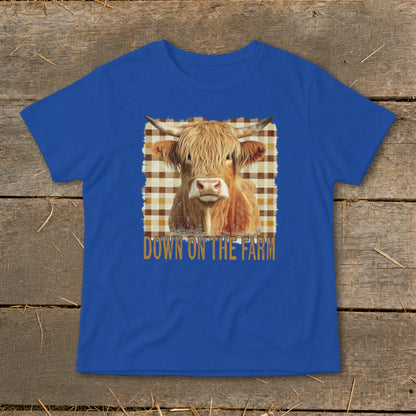 Blue t-shirt with Highland cow graphic and "DOWN ON THE FARM" text.