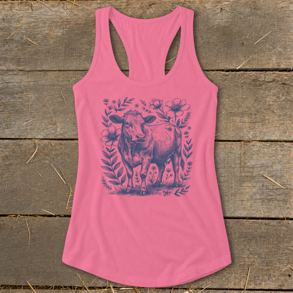 Pink tank top with a navy blue floral cow graphic design.
