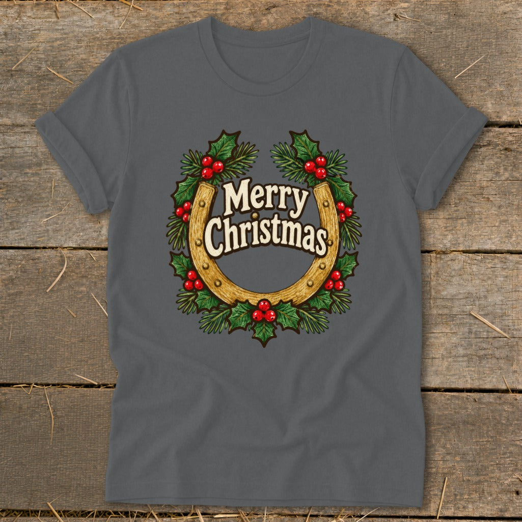 Grey t-shirt with horseshoe, holly, and "Merry Christmas" text.