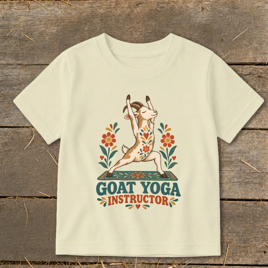 T-shirt with a goat in a yoga pose and the text "GOAT YOGA INSTRUCTOR".