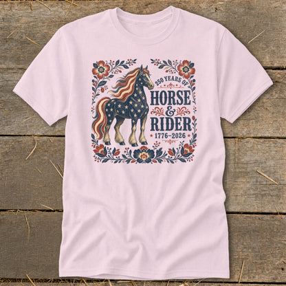 Horse and rider design with stars and stripes, commemorating 250 years from 1776-2026.
