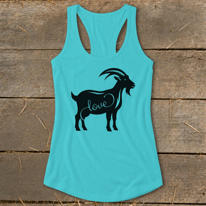 Teal racerback tank top with a black silhouette of a goat and the word "love".