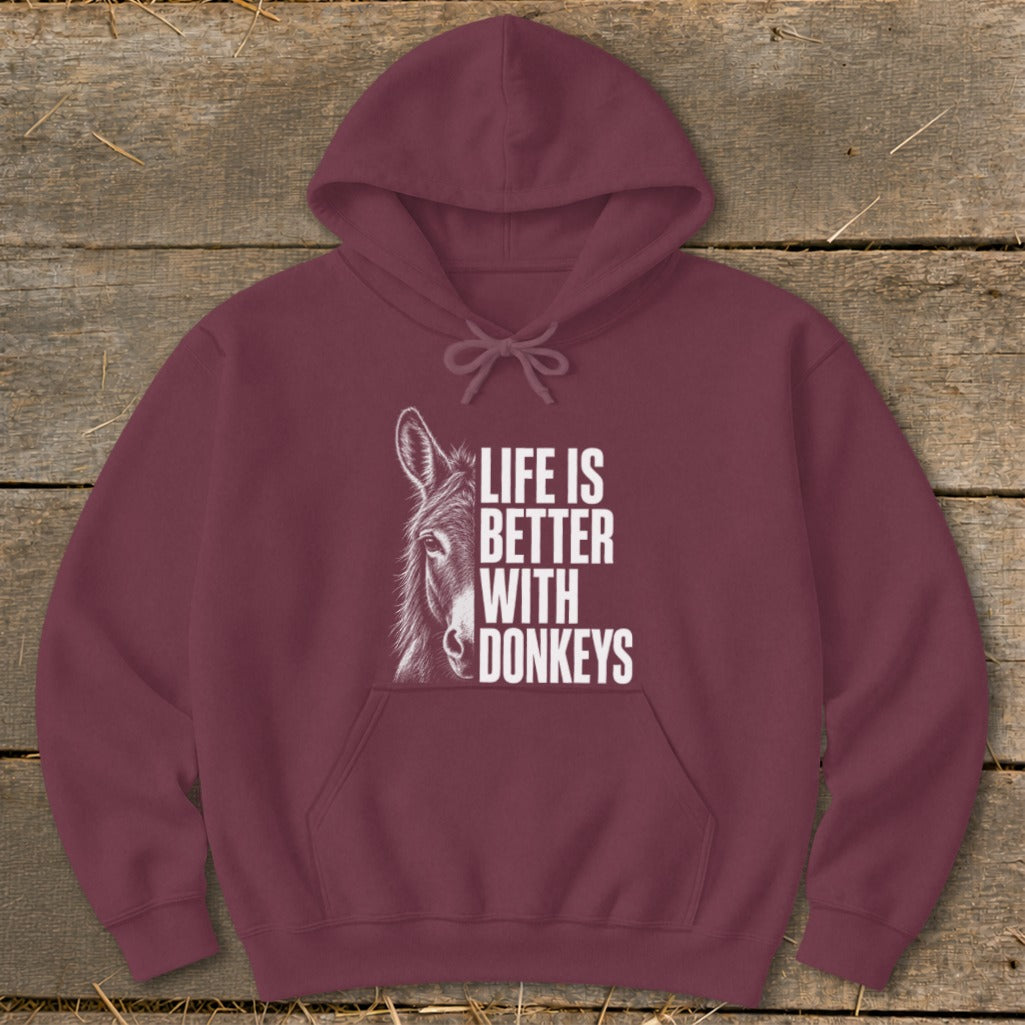 Maroon hoodie with donkey illustration and text "LIFE IS BETTER WITH DONKEYS".
