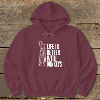 Maroon hoodie with donkey illustration and text "LIFE IS BETTER WITH DONKEYS".