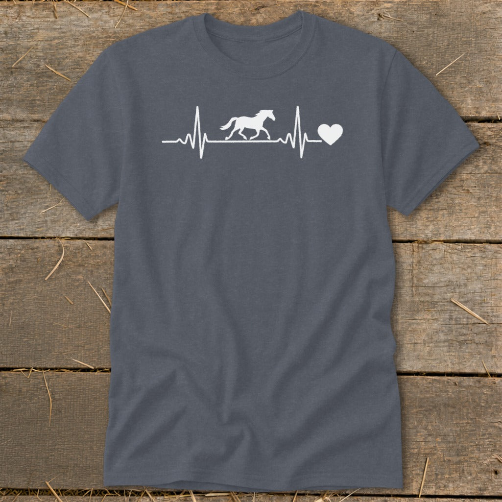 Grey t-shirt with white horse and heart electrocardiogram graphic.