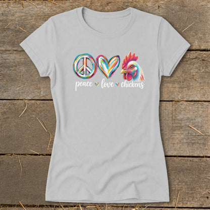 Grey t-shirt with "Peace Love Chickens" graphic featuring icons and a colorful chicken.