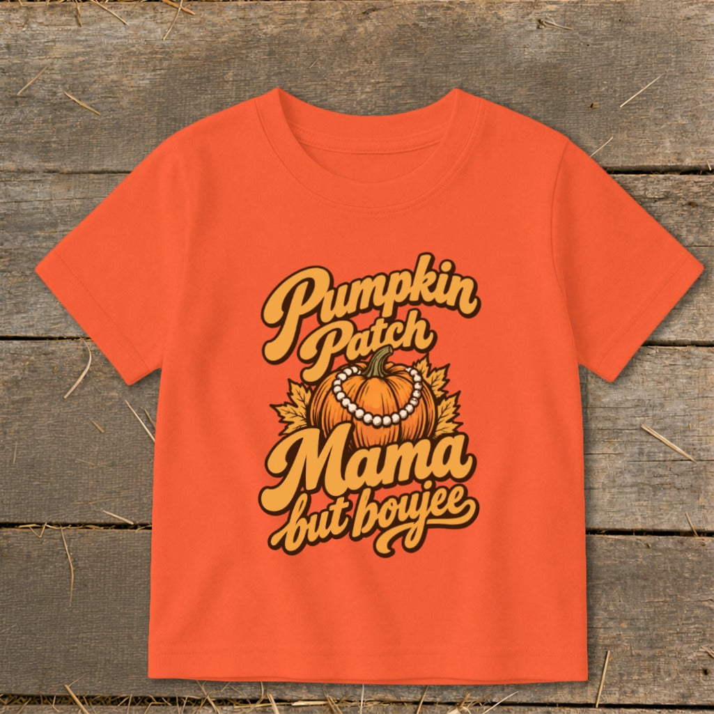 Orange t-shirt with "Pumpkin Patch Mama but boujee" text and pumpkin graphic.