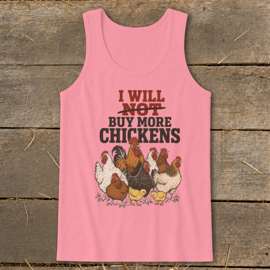 Pink tank top with text "I will NOT buy more chickens" and chicken illustrations.