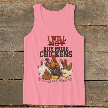 Pink tank top with text "I will NOT buy more chickens" and chicken illustrations.