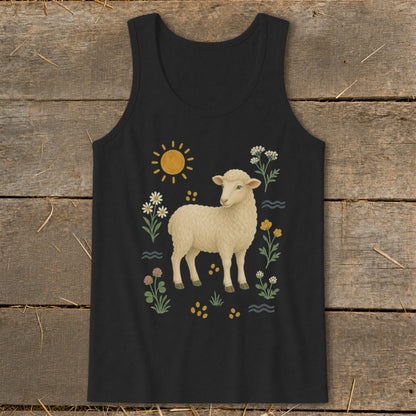 Black tank top with a white sheep surrounded by flowers, sun, and wavy lines.