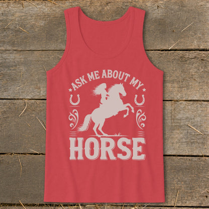 Red tank top with white graphic of a woman riding a horse and text "ASK ME ABOUT MY HORSE".