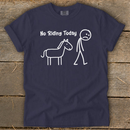 Navy t-shirt with white text and line drawing of a sad person and horse.