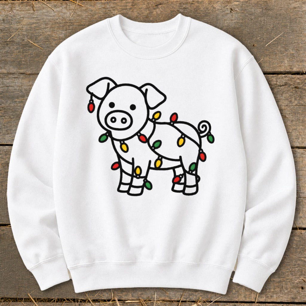 White crewneck sweatshirt featuring a black outline drawing of a pig wrapped in colorful Christmas lights.