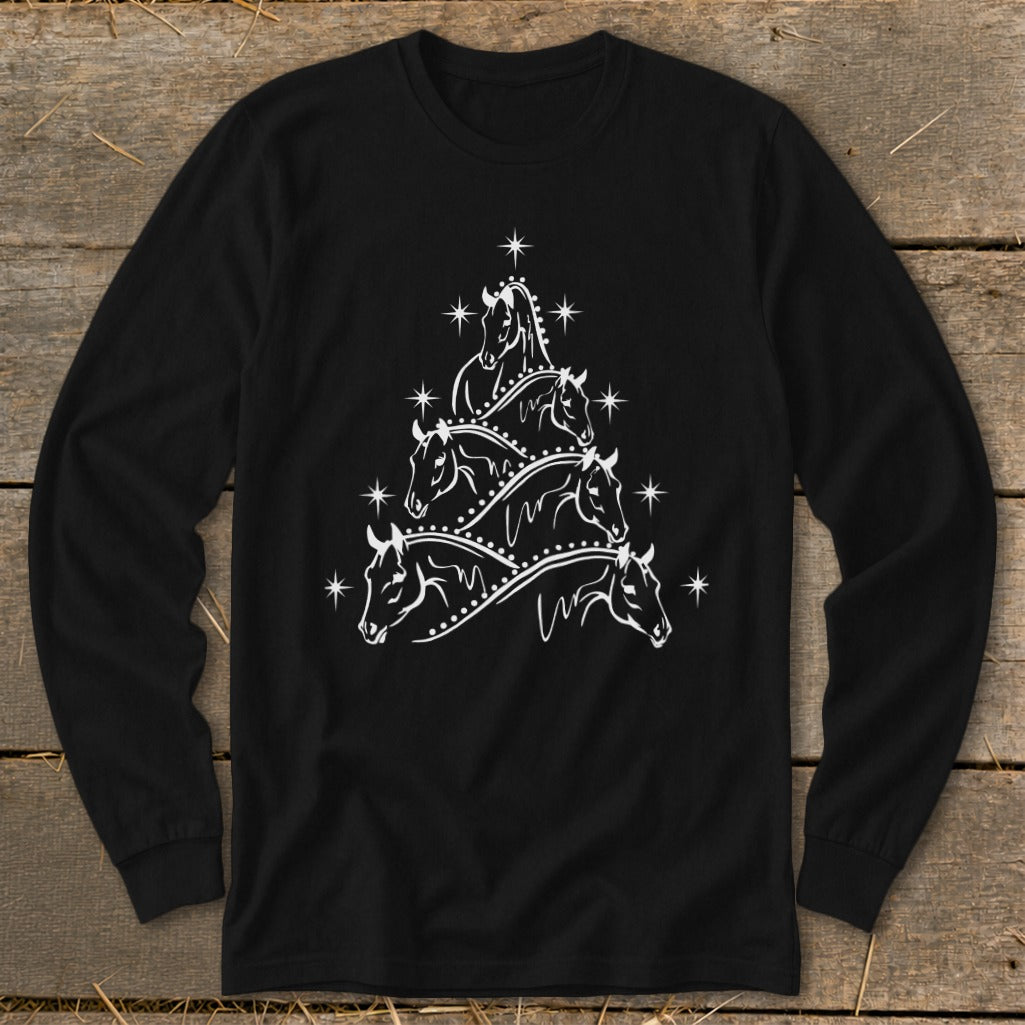 Black long-sleeve shirt with white horse heads arranged as a Christmas tree.