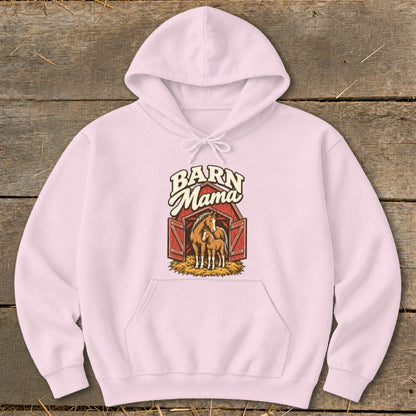 Pink hoodie with "Barn Mama" text and horses in a barn graphic.