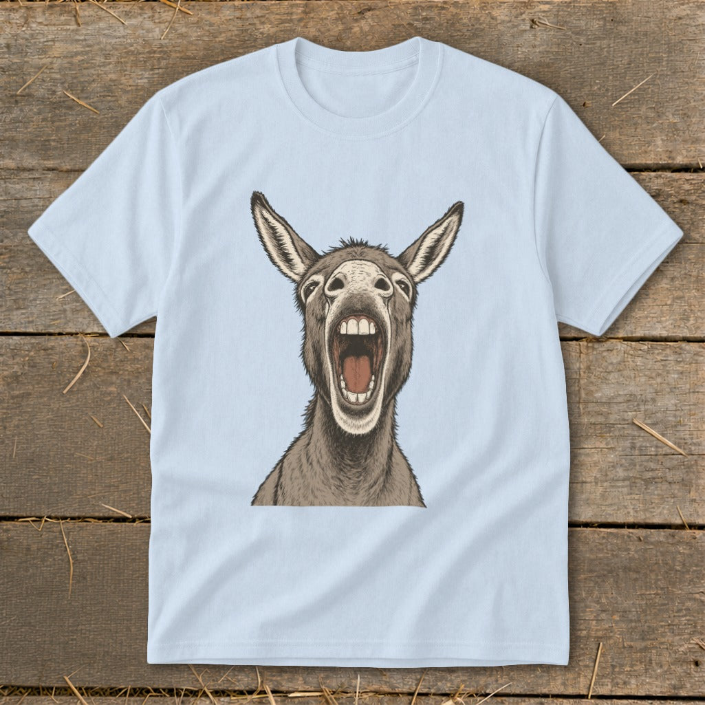 Light blue t-shirt with a detailed illustration of a donkey's head with its mouth open.
