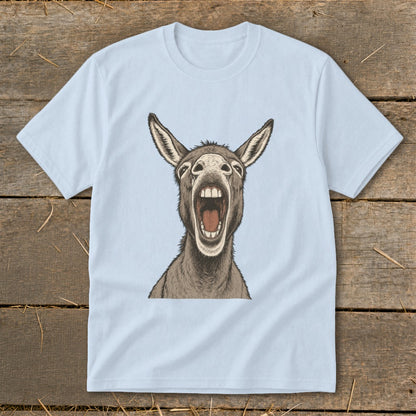 Light blue t-shirt with a detailed illustration of a donkey's head with its mouth open.