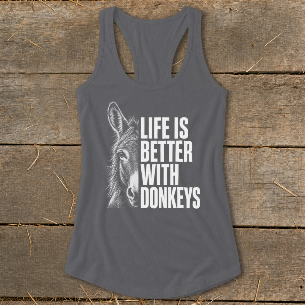 Grey tank top with donkey illustration and "Life is Better With Donkeys" text.