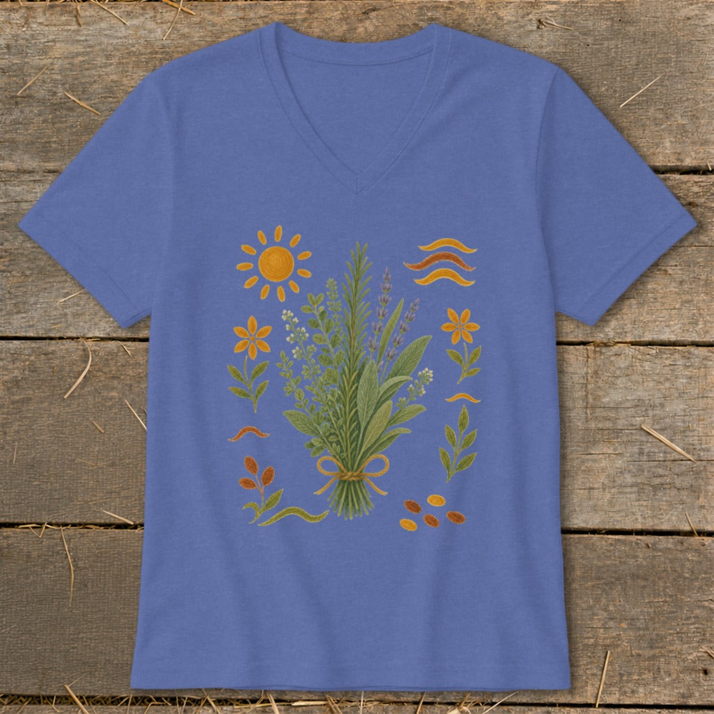 Purple v-neck t-shirt with botanical illustration and sun motif.