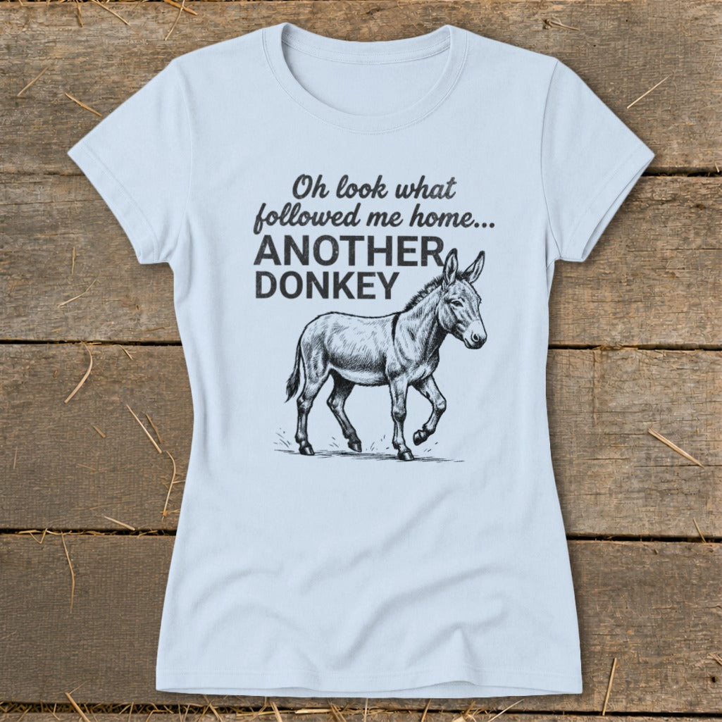 Light blue t-shirt with sketch of donkey and text "Oh look what followed me home... ANOTHER DONKEY".