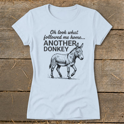 Light blue t-shirt with sketch of donkey and text "Oh look what followed me home... ANOTHER DONKEY".