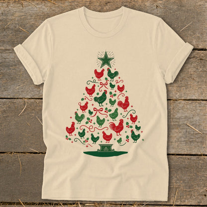 Cream t-shirt with a Christmas tree design made of red and green chickens.