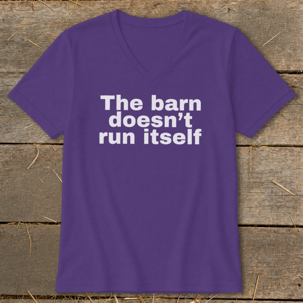 Purple t-shirt with white text "The barn doesn't run itself".