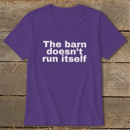 Purple t-shirt with white text "The barn doesn't run itself".